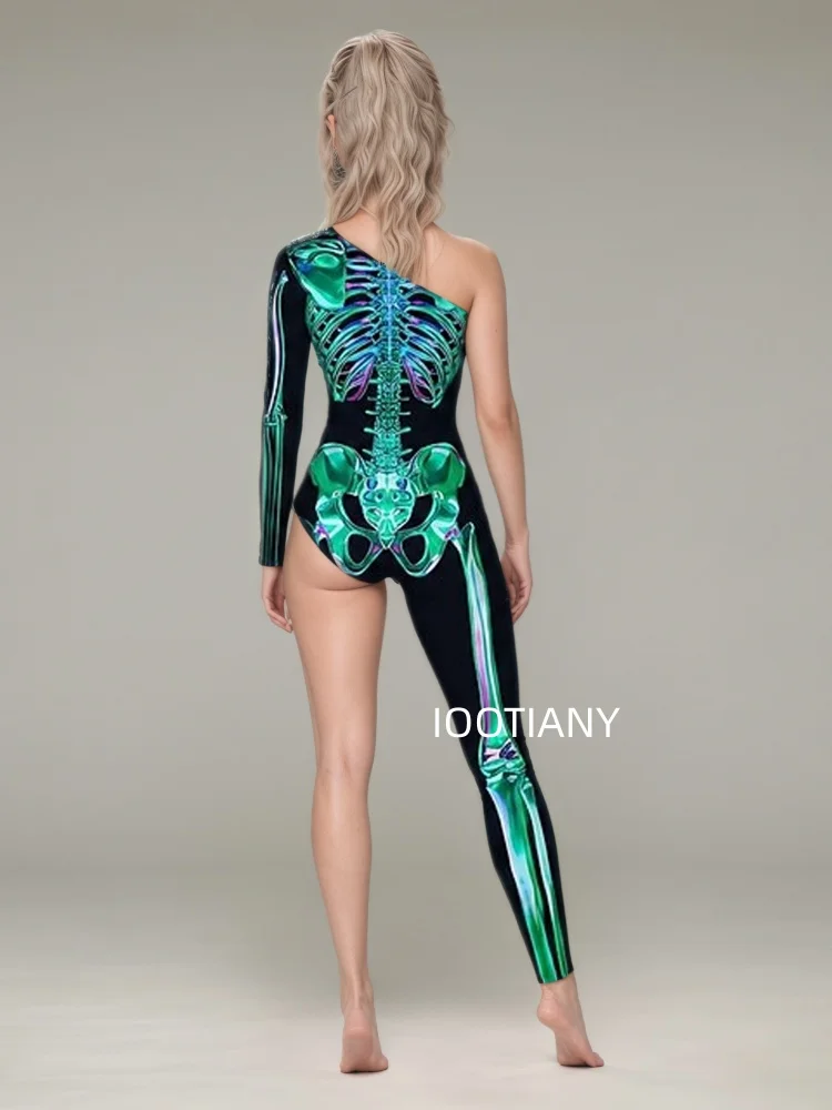 Gotischer Halloween-Skelett-Print-Bodysuit für Damen, One-Shoulder, einlanger Ärmel, asymmetrischer, enger Jumpsuit, Bühnen-Rave-Outfit – Detail 13