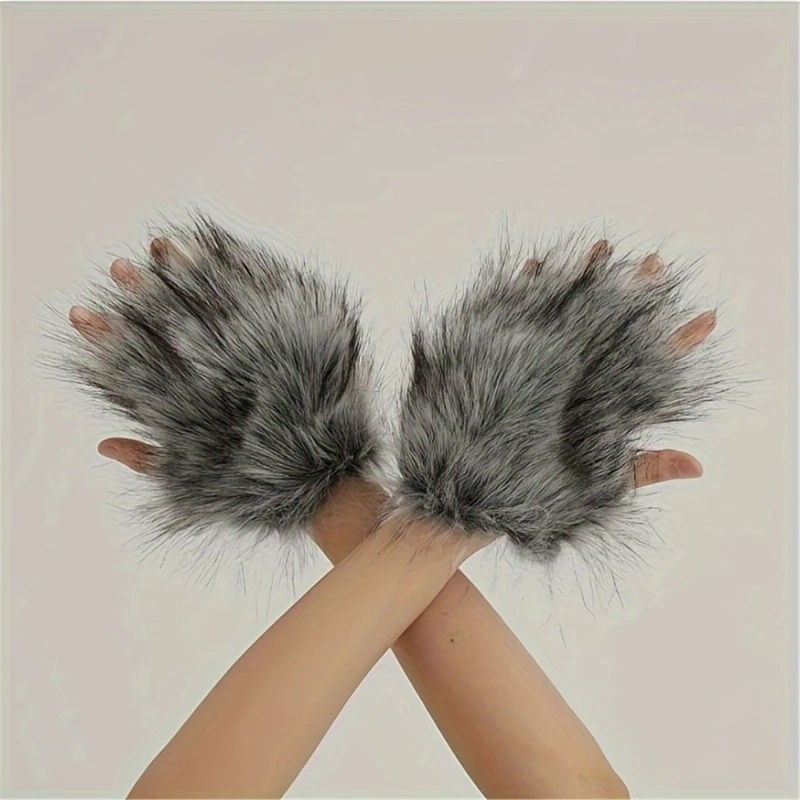 DXAE Gray Plush Gloves Hat Set Halloween Cosplay Accessory Practical Cold Climate Gear