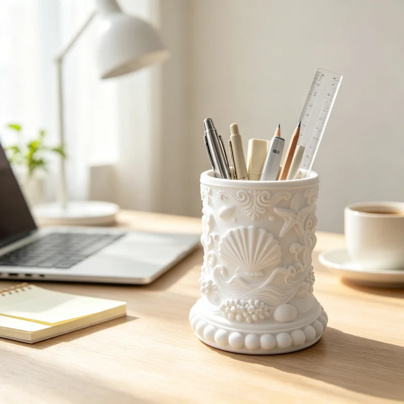 Ocean-Themed Embossed Shell-Shaped Desktop Pen Holder, Matte White Three-Dimensional Carved Scallop Shell Wave Pattern Storage Container, Vintage Fine Sculpture Craftsmanship with Beaded Edge Base, Light Luxury French Seaside Style with Smooth Texture, Multifunctional Storage for Pens, Scissors, Makeup Brushes, and Small Items, Home Office Hotel Countertop Organizer, Enhances Study Room Office Style with Soft Lighting Ambiance, Practical Office Gift for Business, Housewarming, Teacher's Day, and Other Occasions