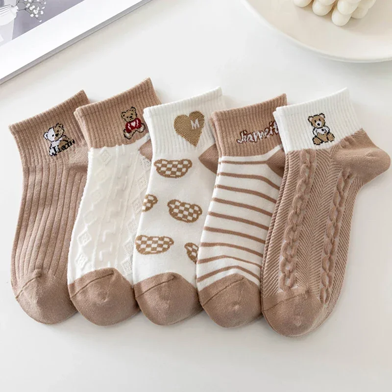 5 زوج/وحدة الجوارب النسائية قصيرة الكاحل المنخفضة قطع لا تظهر مجموعة كيت لطيف قلوب مدرسة الصيف الرياضة الكشكشة طباعة مكشكشة