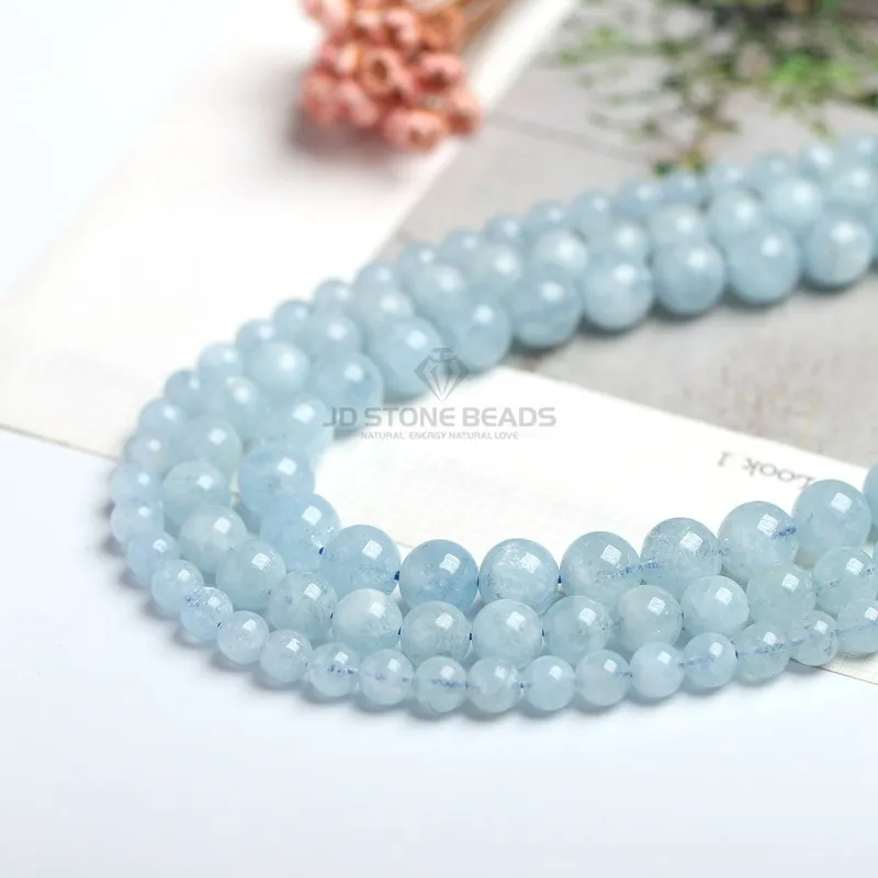 Natural Blue Aquamarine Stone Round Loose Spacer Smooth Beads Sea Water Gemstone For Jewelry Making 4 6 8 10mm DIY Accessories