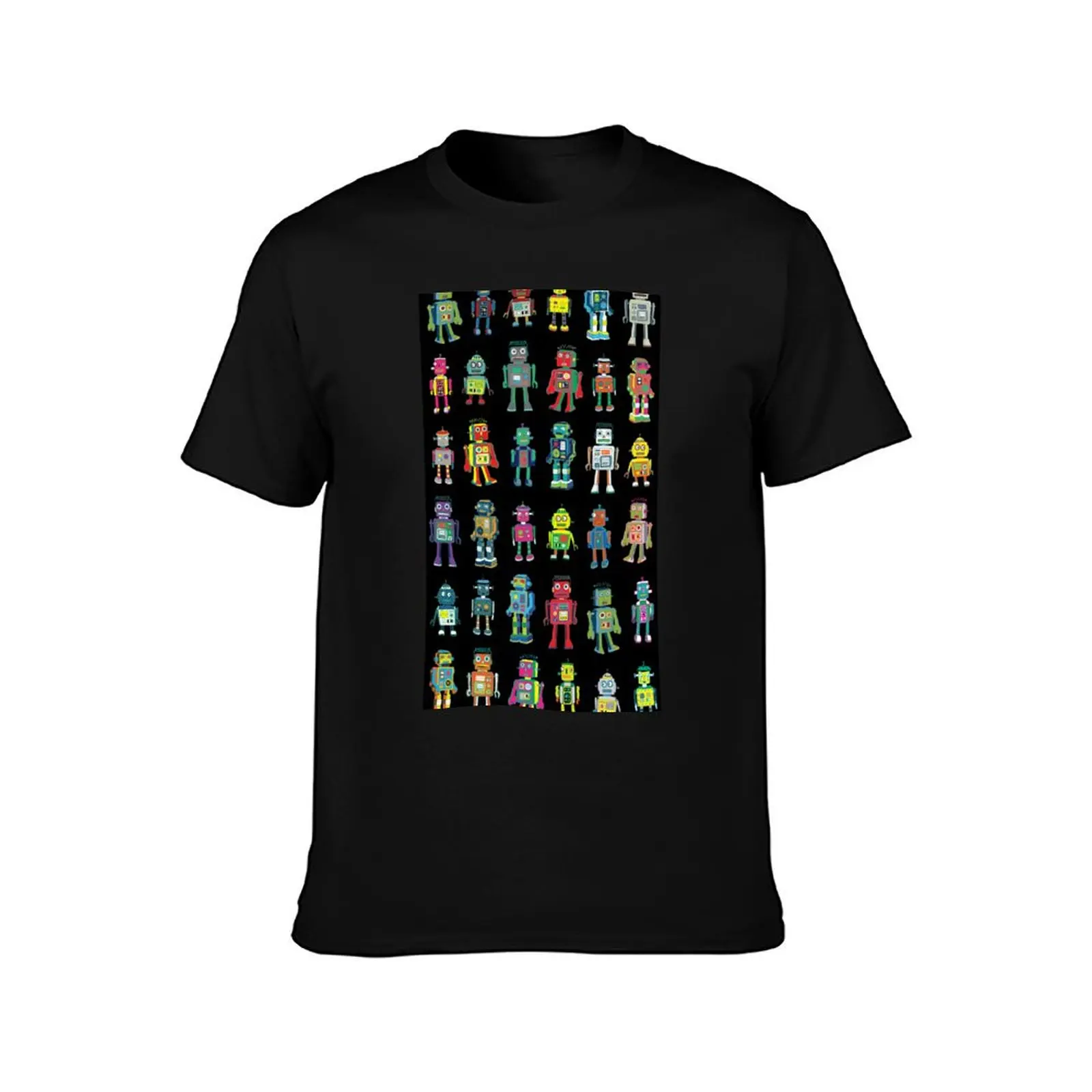 Robot Line-up on Black - fun pattern by Cecca Designs T-Shirt Large Size Basic Casual T-Shirt