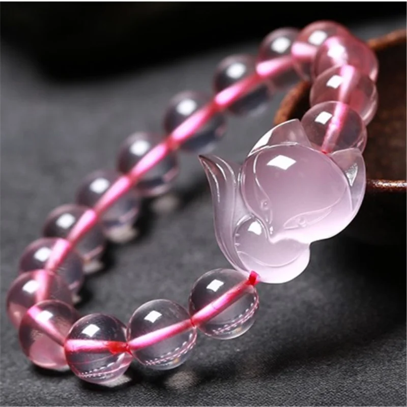 

Hot Selling Natural Hand-carve Pink Crystal Fox Bracelet Fashion Jewelry Accessories Men Women Luck Gifts