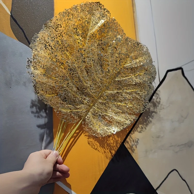 6pcs Artificial Golden Turtle Leaves, Faux Loose Tail Fake Plant, Wedding Birthday Party Home Decor Palm Leaves