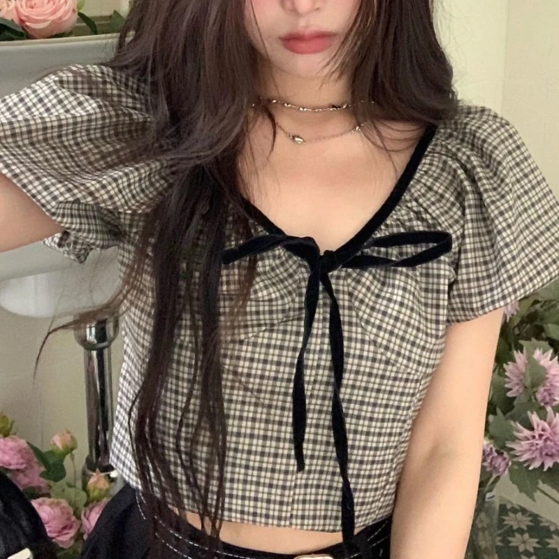 Plaid Blouses Women Bandage Crop Tops Chic Hotsweet Puff Sleeve Casual Girlish Vintage Summer Ulzzang Tender All-match College