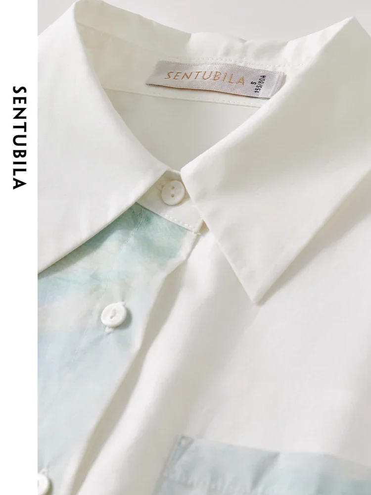 SENTUBILA Women Casual Lyocell Shirt 2024 Autumn Art Printing Turn Down Collar Loose Simple Blouse Tops 143C56911