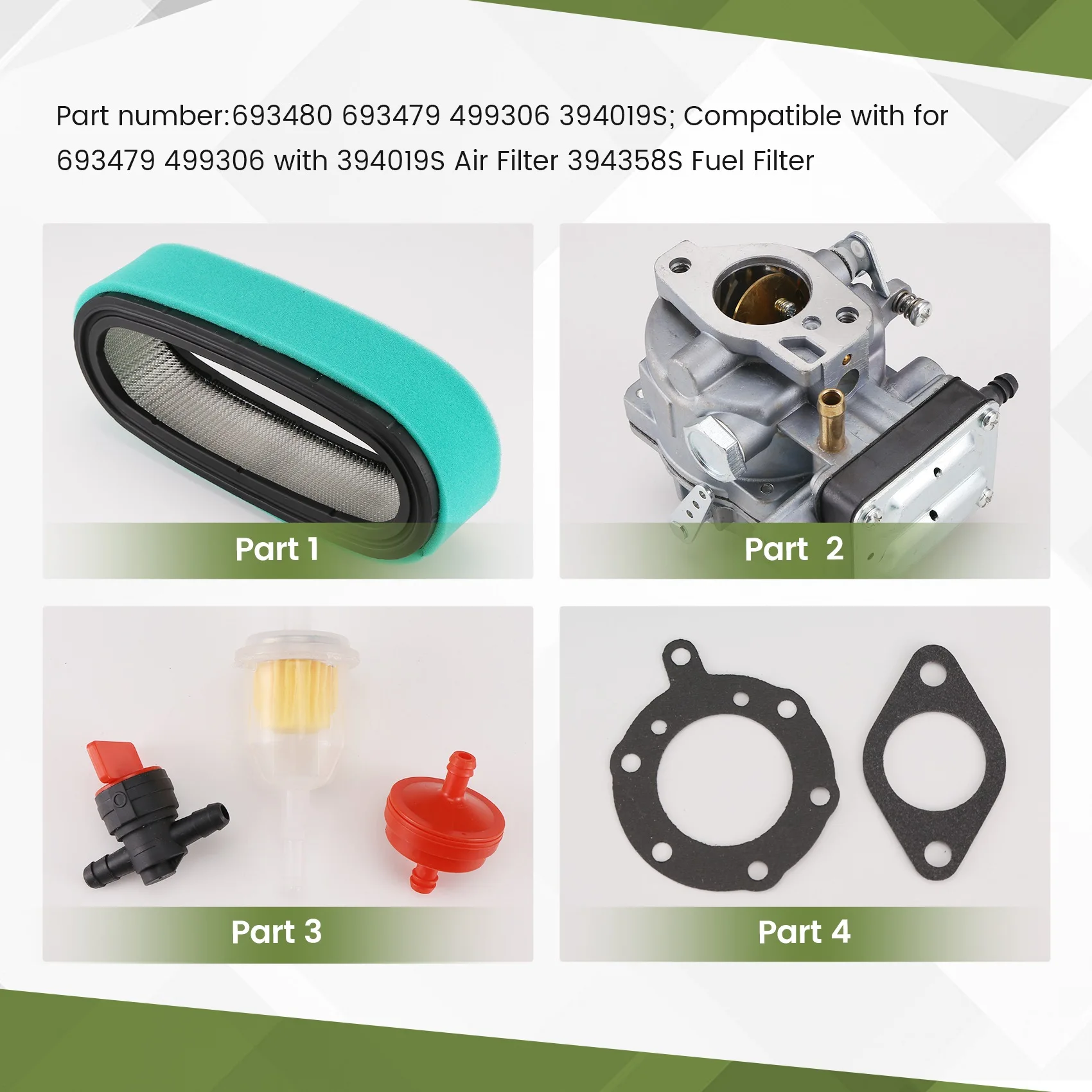 

Карбюратор для газонокосилки 693480, совместимый с Briggs & Stratton 693479 499306 с воздушным фильтром 394019S, топливным фильтром 394358S-T48C
