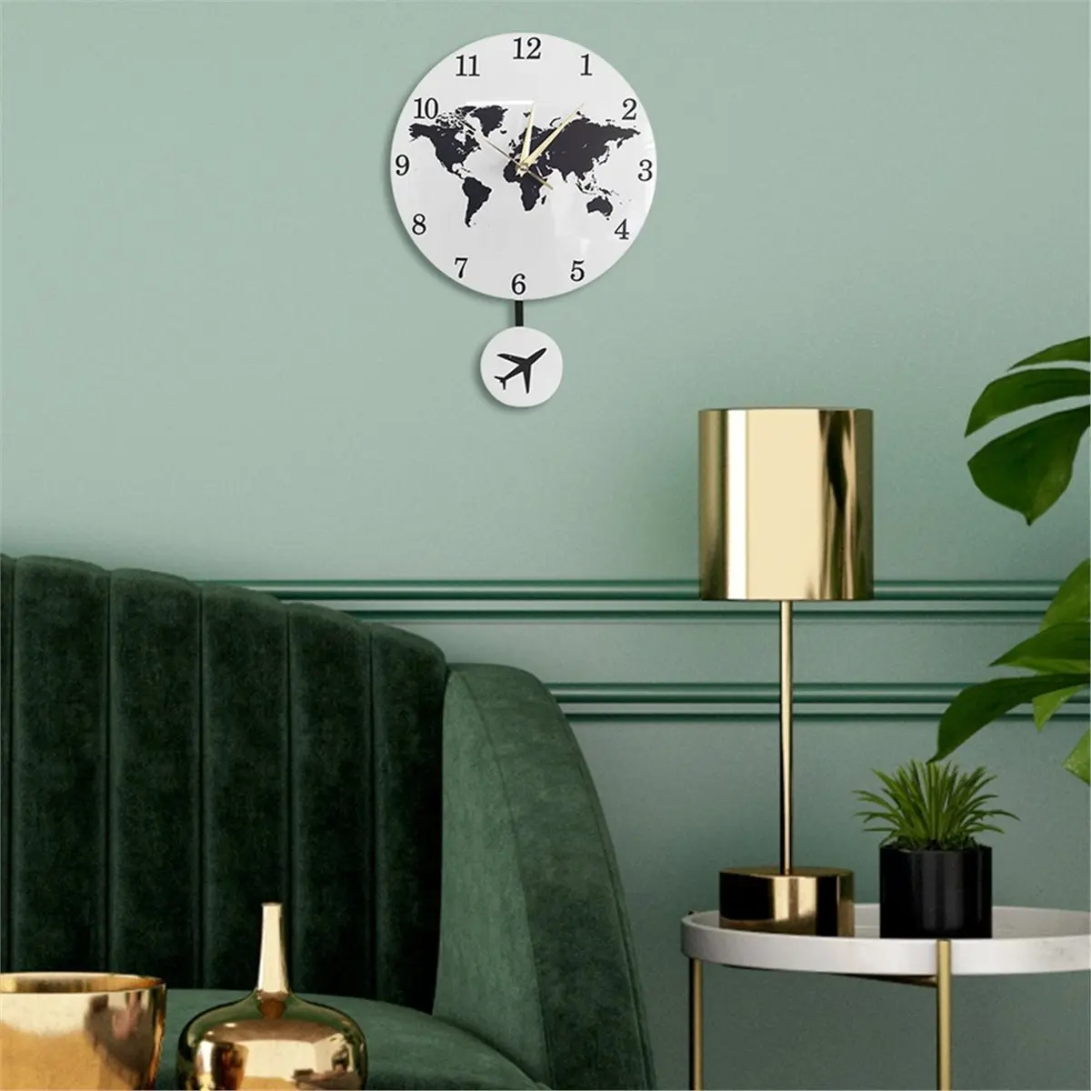 Earth Globe World Map Pendulum Clock with Flying Plane Swing Decor Geography Travelling Wall Clock Silent Non-Ticking