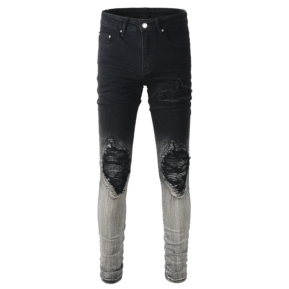 Men Gradient Color Denim Jeans Patches Ripped Distressed Skinny Tapered Pants Gray Black Stretch Cotton Denim Trousers