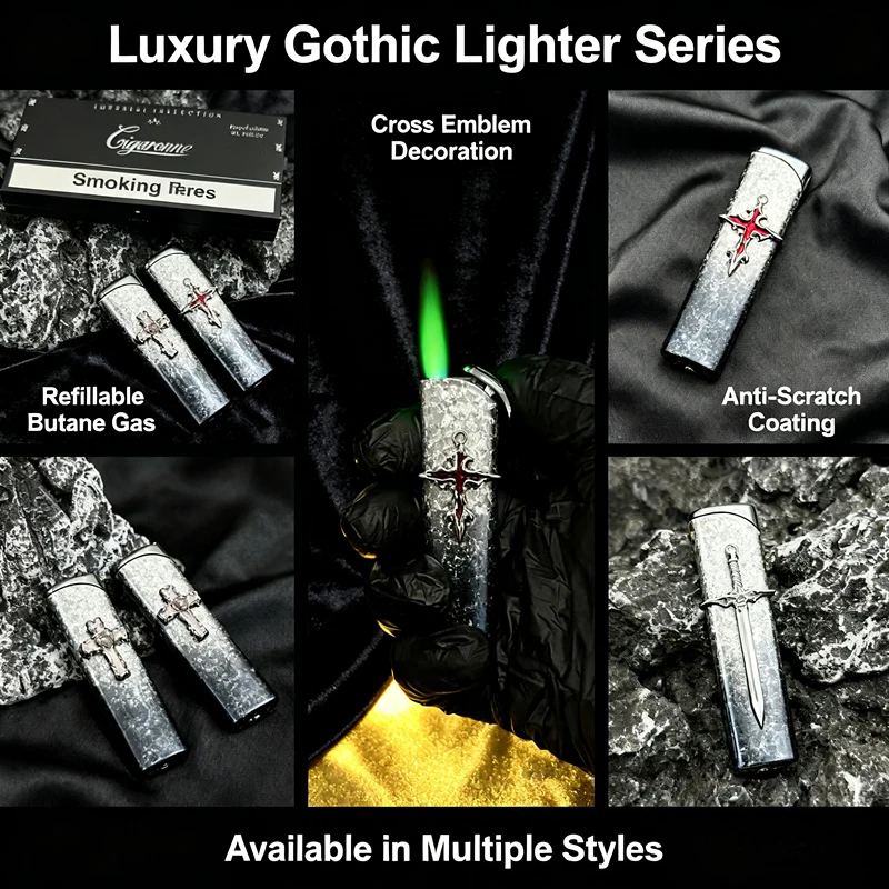 

Niche Dual-Tone Flame Lighter - Ice Flower Gray Gradient + Pink Cross, Creative Windproof Tool, Elegant Gift for Men & Women