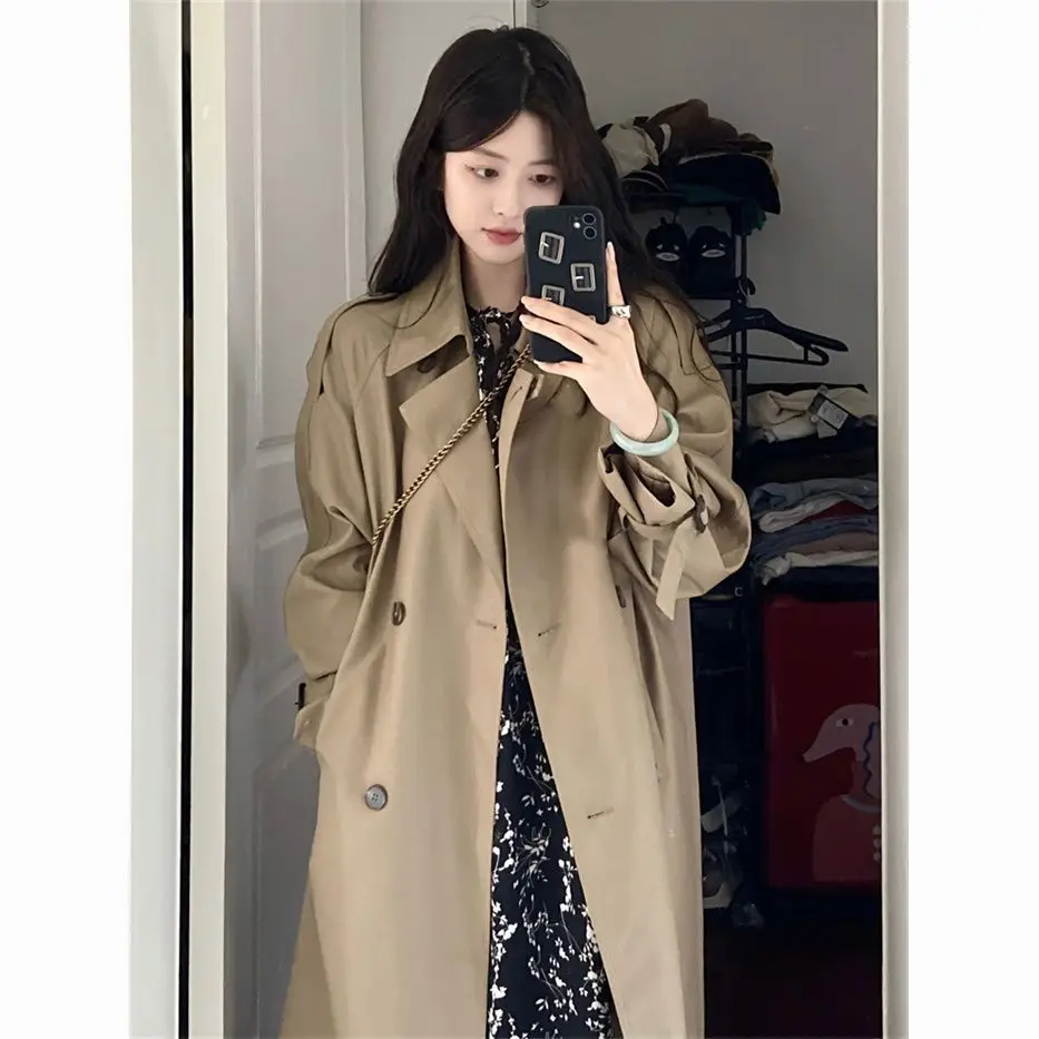 

Brown Trench Women'S Fashionable Raincoat Knee Olive Flap Pockets Spliced Patchwork Special Attractive Basics Charming Designed