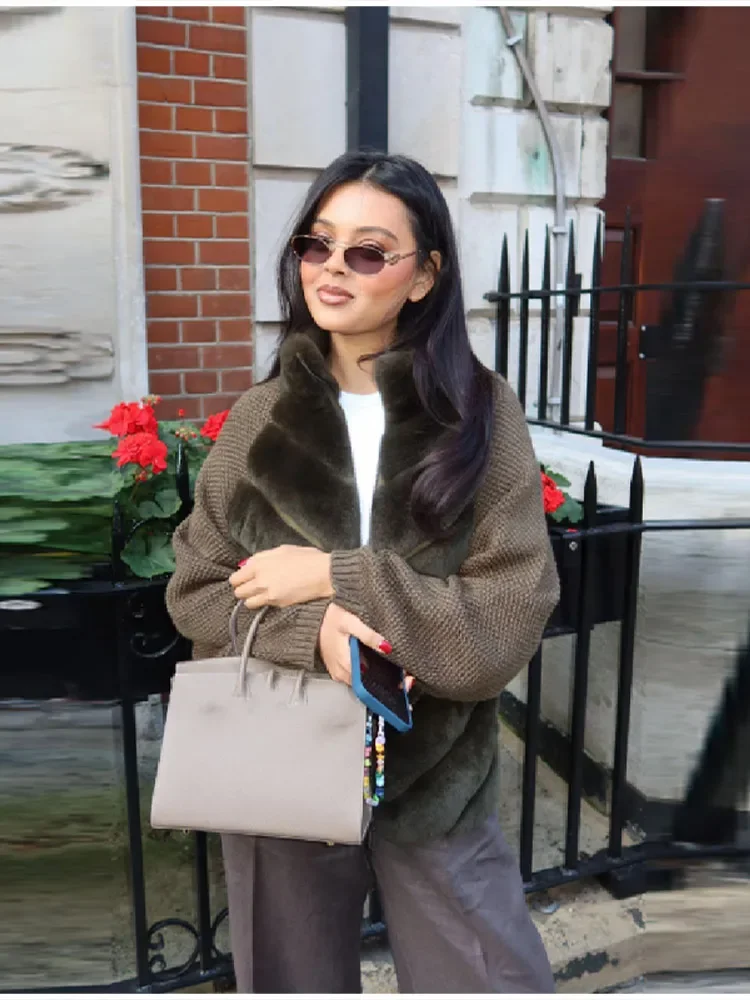 

Chic Faux Fur Knitted Spliced For Women Patchwork Thick Jacket High-quality Outwears 2025 New Lady Autumn Winter Outdoorwears