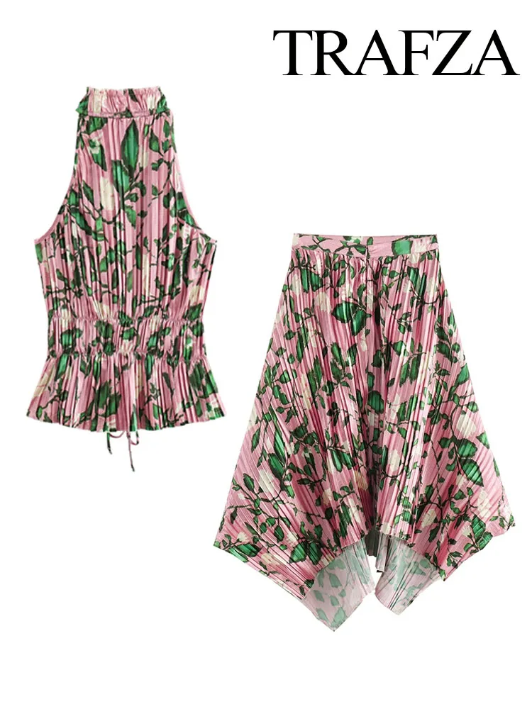 TRAFZA Summer Women 2 Piece Set New Sleeveless Printed Decorated With Bow Lace-up Vest Tops+Elegant High Waist Pleated Pants