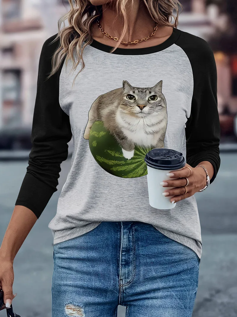 Long Sleeve Tshirt Funny Watermelon Cat Meme Print Cute Cat T-shirt Graphic 90s  T Shirt Women Winter Autumn Clothing