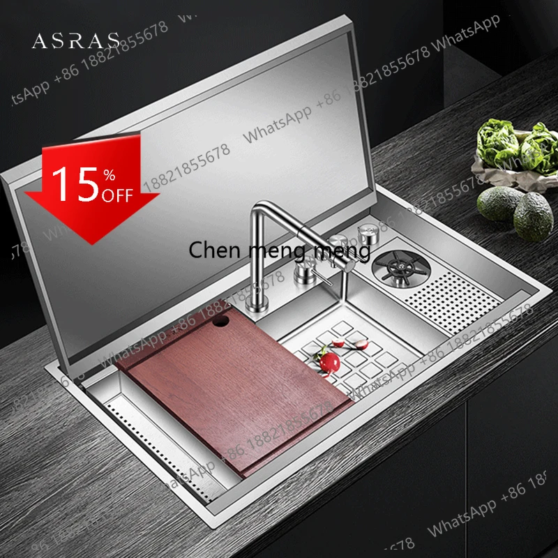 A139 SUS 304 Stainless Steel Hidden kitchen Sink Single Flip Cover Hidden Sink Cup Rinser Handmade Brushed Stepped kitchen Sinks