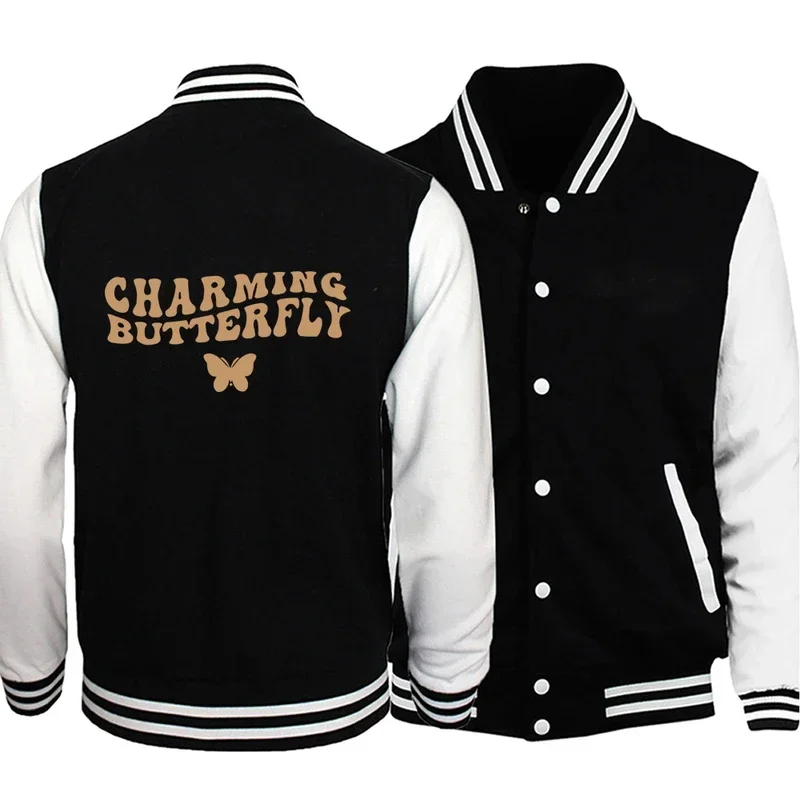 

Charming Butterfly Letter Prints Jacket Trend Men Baseball Suit Fleece Splicing Coats Crewneck Comfortable Neutral Sportswear