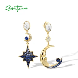 SANTUZZA Genuine 925 Sterling Silver Stud Earrings For Women Sparkling White CZ Blue Spinel Star And Moon Dangling Fine Jewelry