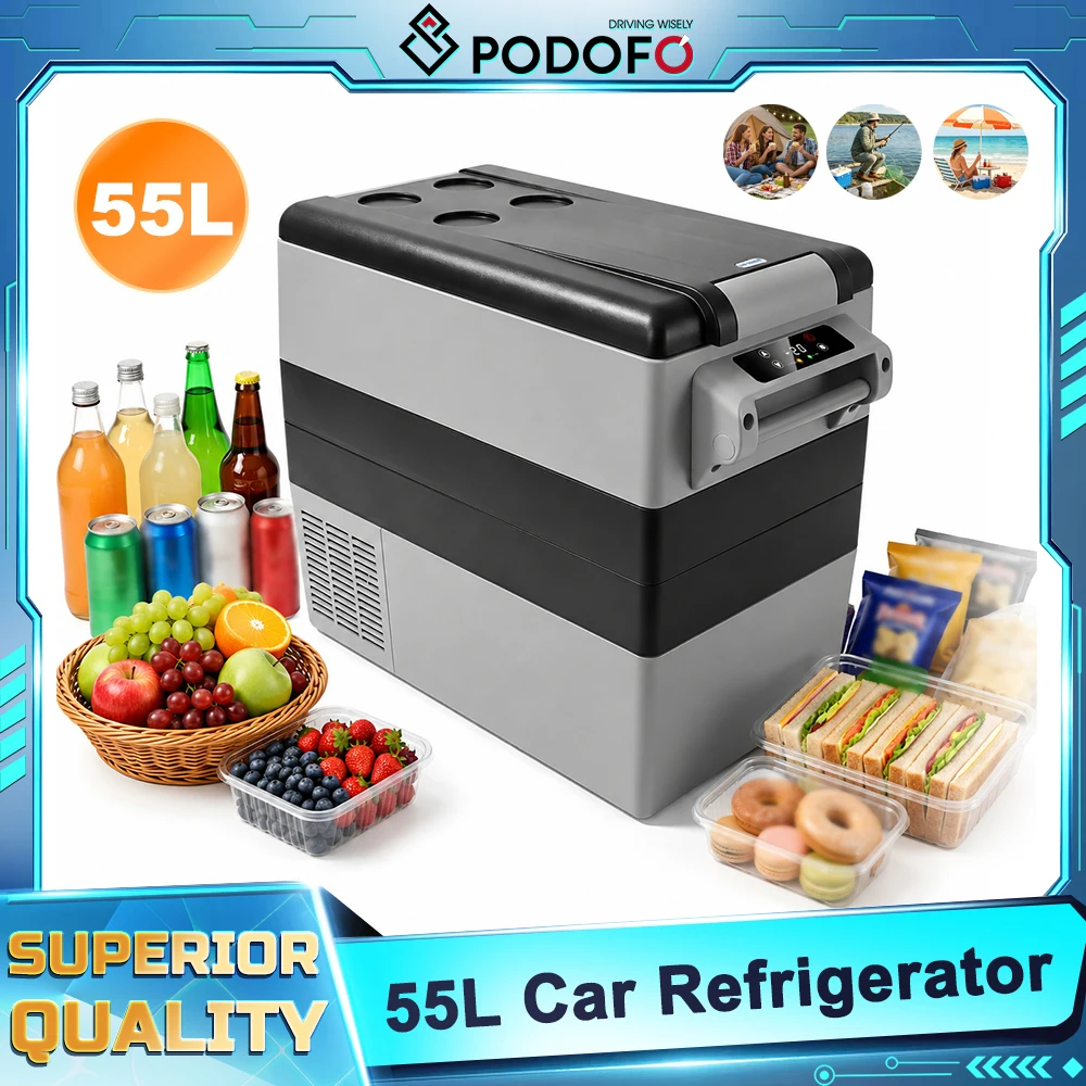 Frigorifero portatile con compressore per auto Podofo, congelatore da 35, 45, 55 litri, doppia tensione, mini frigo portatile per campeggio, viaggi e attività all'aperto.