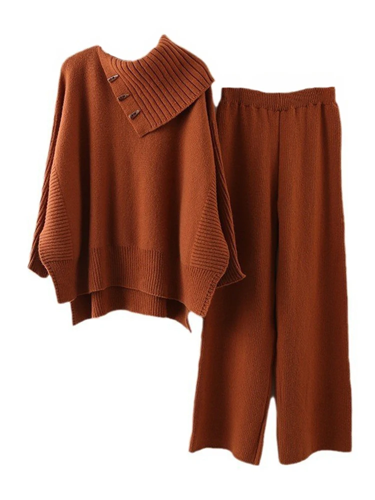 DEAT 2024 Autumn Women\'s Sweater 2 Pcs Set Cape Type Loose Top Elastic Waist Wide Leg Pants Female Knitted Suits New Tide 15C644