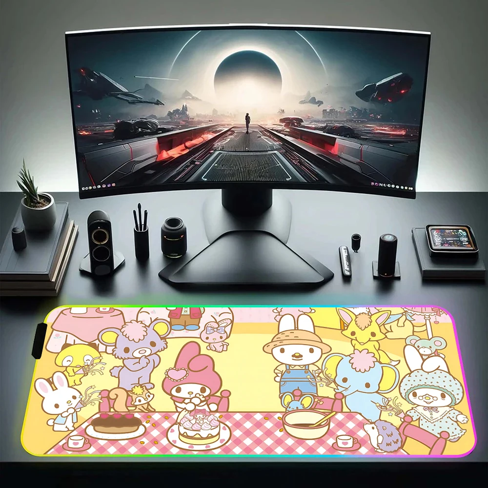 Kawaii Cartoon My Melody RGB Pc Gamer Keyboard Mouse Pad Mousepad LED Glowing Mouse Mats Rubber Gaming Computer Mausepad Gift