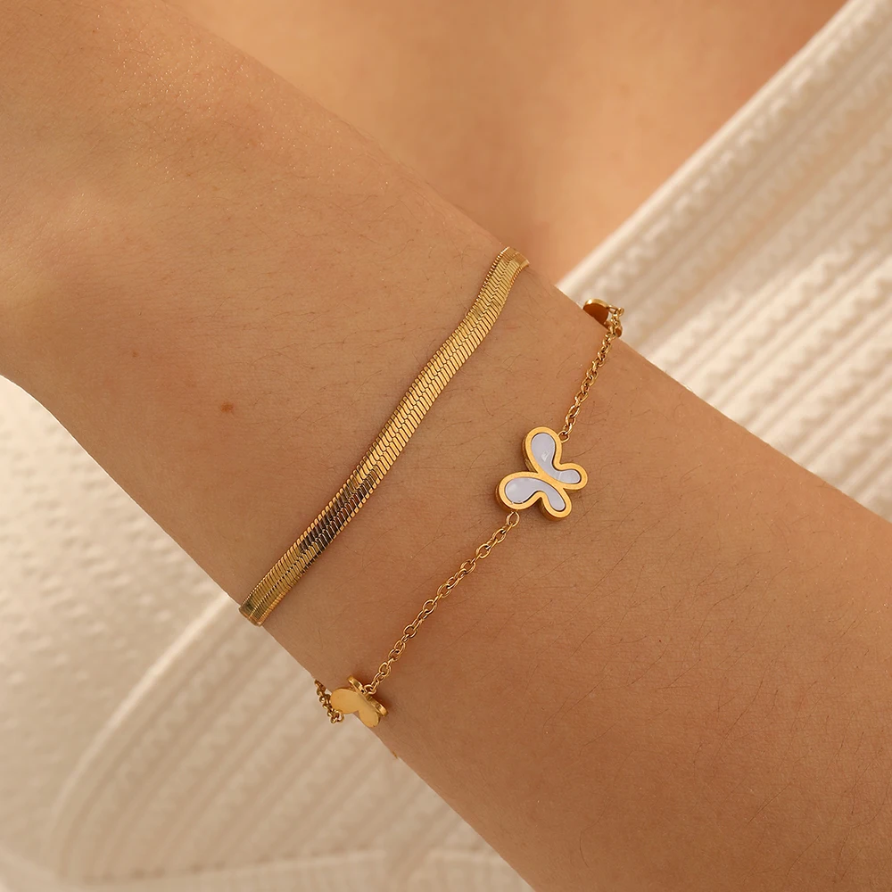 LAMENGLY 316L Stainless Steel White Shell Inlay Cute Butterfly Charm Bracelet Women Classic Double-Layer Hand Chain Jewelry Gift