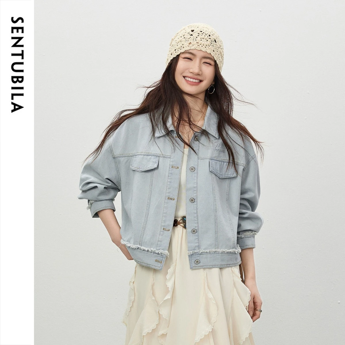 SENTUBILA Women's Denim White Jacket 2026 Spring Minimalist Raw Hem Loose Short Top Loose Turn-Down Collar Ladies Coat W61WD6867