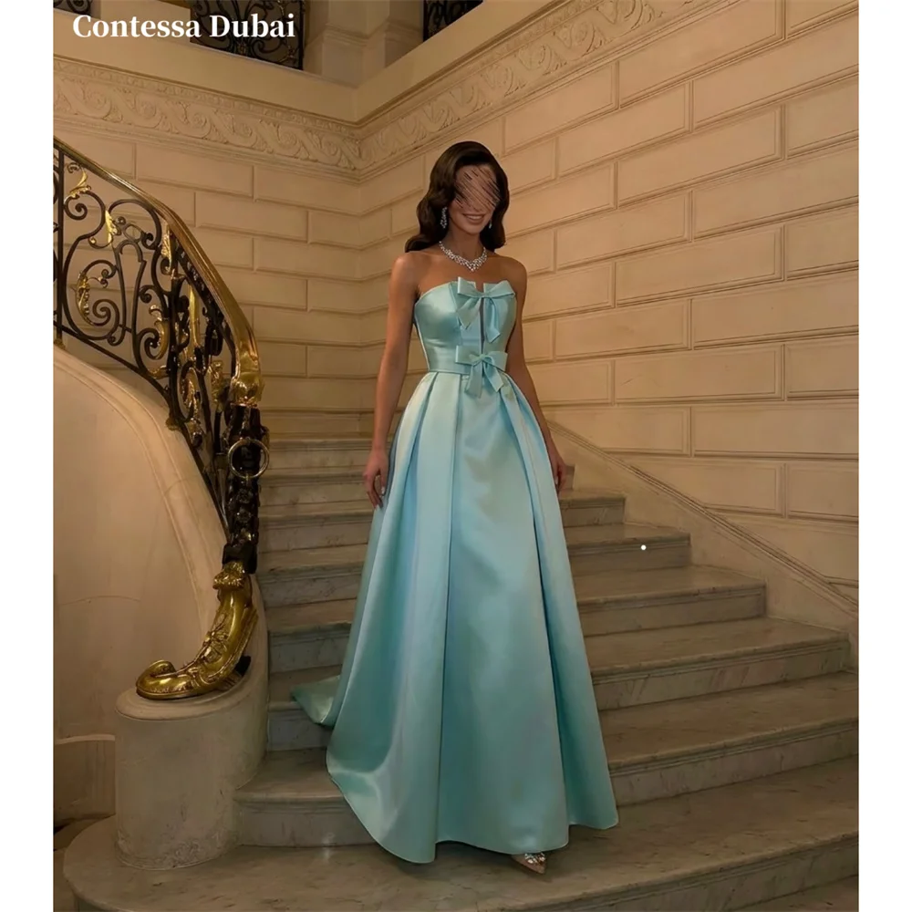 Contessa Custom Light Blue Strapless Evening Dress Big Bow Satin Prom Dresses A-Line Vestidos De Noche Train Formal Evening 2026