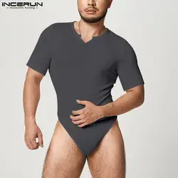 Men Bodysuits Solid Color V Neck Short Sleeve Pajamas Sexy Homewear Rompers 2024 Fashion Fitness Men Bodysuit INCERUN Plus Size