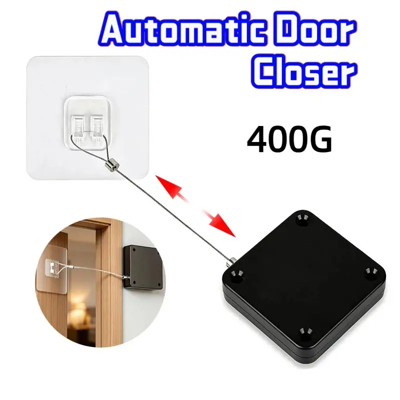 Automatic Door Closer No Drill Adjustable Pull Cord Surface Mount Door Stop Bracket for Home Hotel Store Interior Door Use