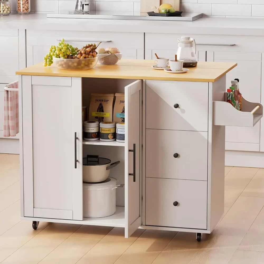 

Kitchen island with storage, rolling kitchen cart with 3 drawers. Storage cabinet on wheels with inner adjustable shelves