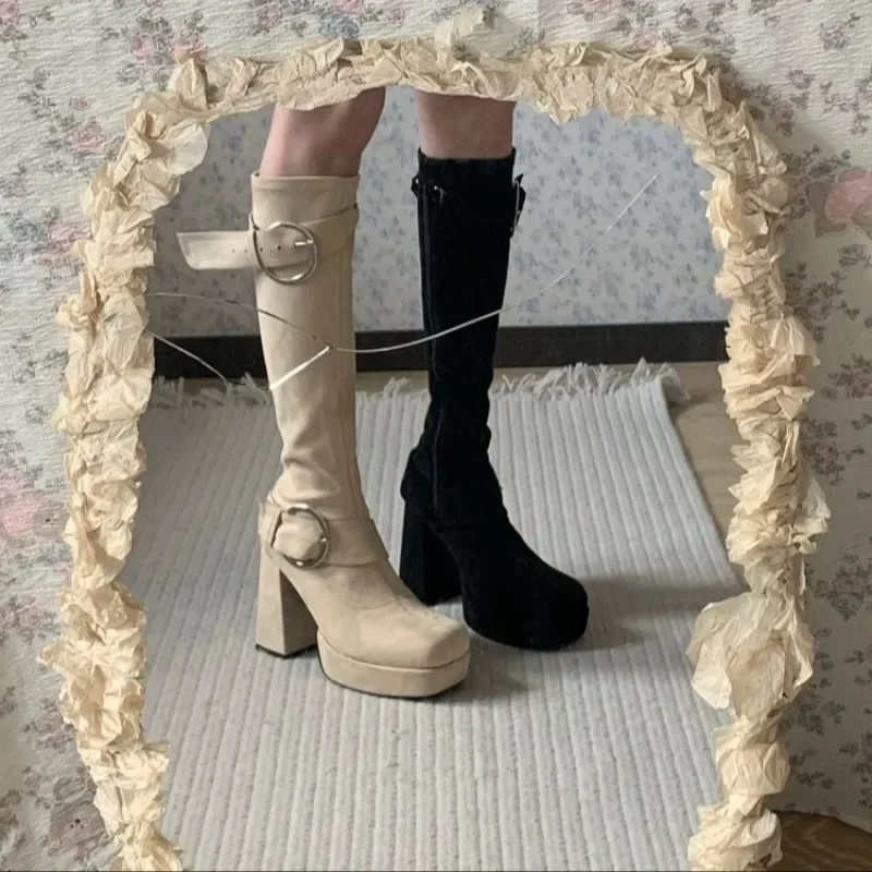Autumn Winter Long-leg Boots  New Square Toe Cow Suede Side Zip Metal Buckle Platform Block Heel Shoes