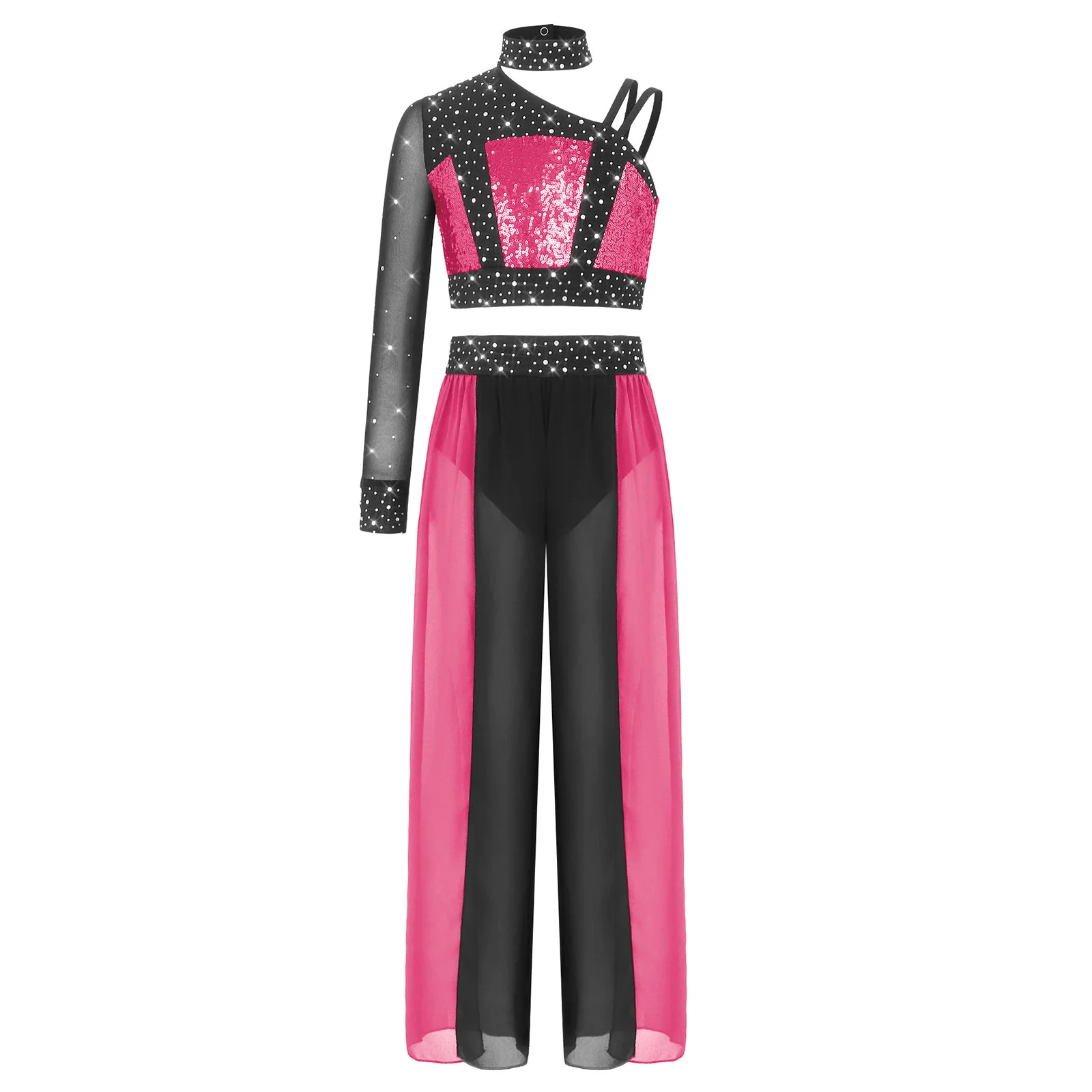 Girls Modern Dancewear Kids Lyrical Dance Outfit Ballet Dance Costume Mesh Sleeve Sequins Skating Crop Top + Chiffon Pants Suits