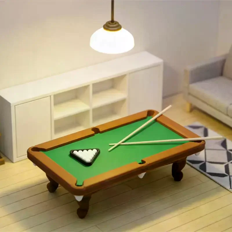 1: 12 Dollhouse Mini Billiards Table Furniture Set 1 Set Billiards Model Cue Rack Pretend Game Accessories 3D Decoration