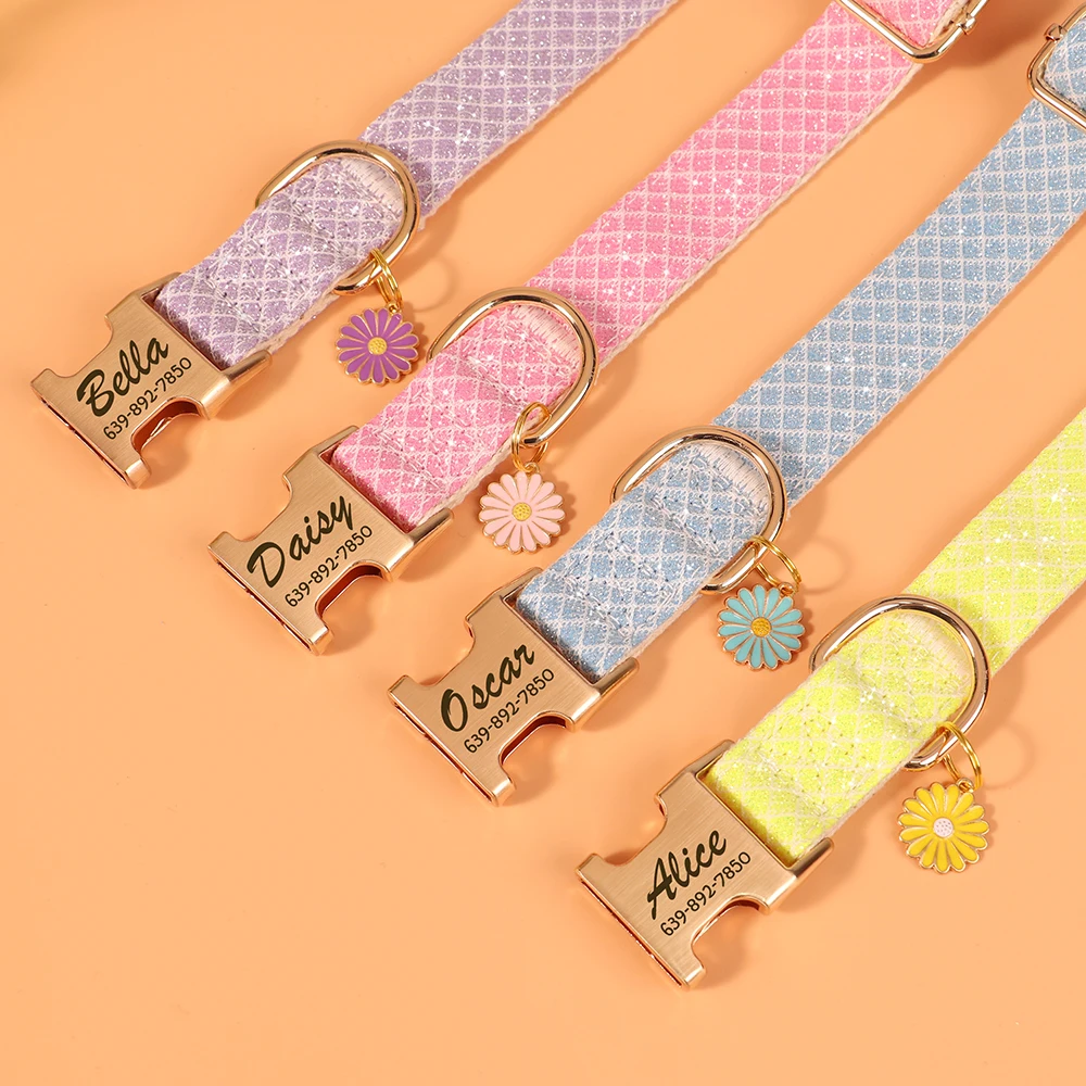 Benutzerdefiniertes Hundehalsband aus glitzerndem Nylon mit Blumenanhänger, kostenlose Gravur, Haustiername, Schnallenhalskette für kleine, mittelgroße und große Hunde – Detail 19