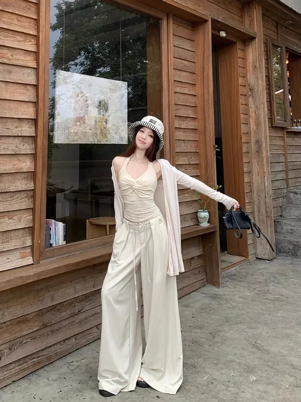 

Chic Casual Beige Women's Set Spring 2026 New Sunscreen Open Cardigan Necklace Vest Wide Leg Pants Trendy Three-piece Set