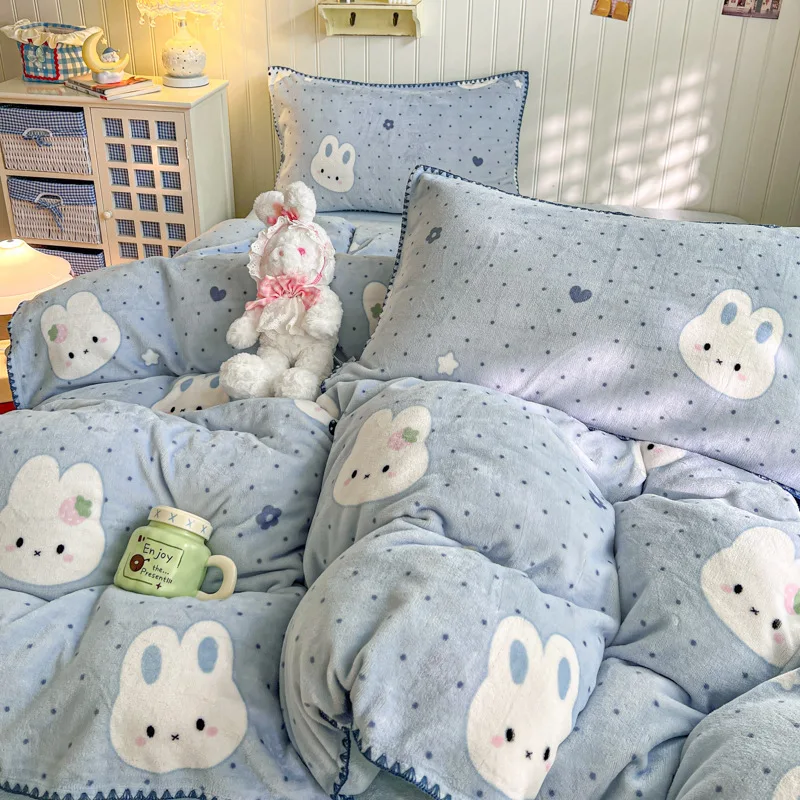 Cute Cartoon Ruffle 4PCS Bedding Set Winter Warm Velvet Quilt Cover & Flat Sheet Set with Pillowcases Soft Home Textile