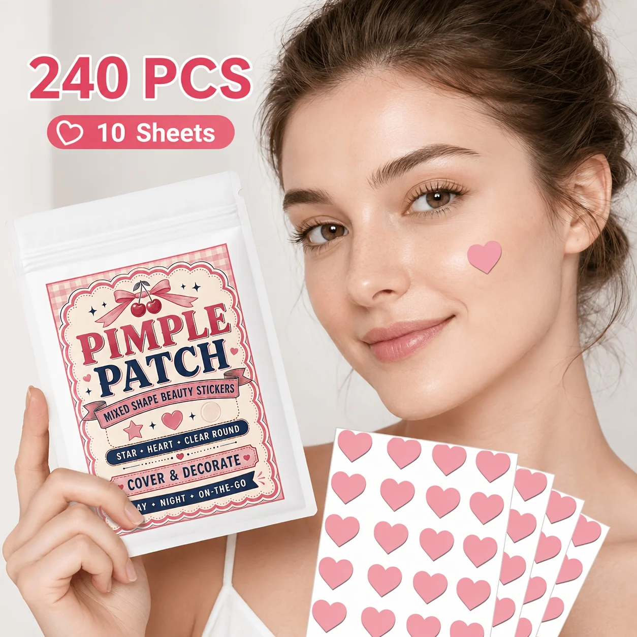 240PCS Heart Pimple Patches, Cute Hydrocolloid Face Stickers, Decorative Blemish Cover Patches, Travel Party Photo Accessories view 4