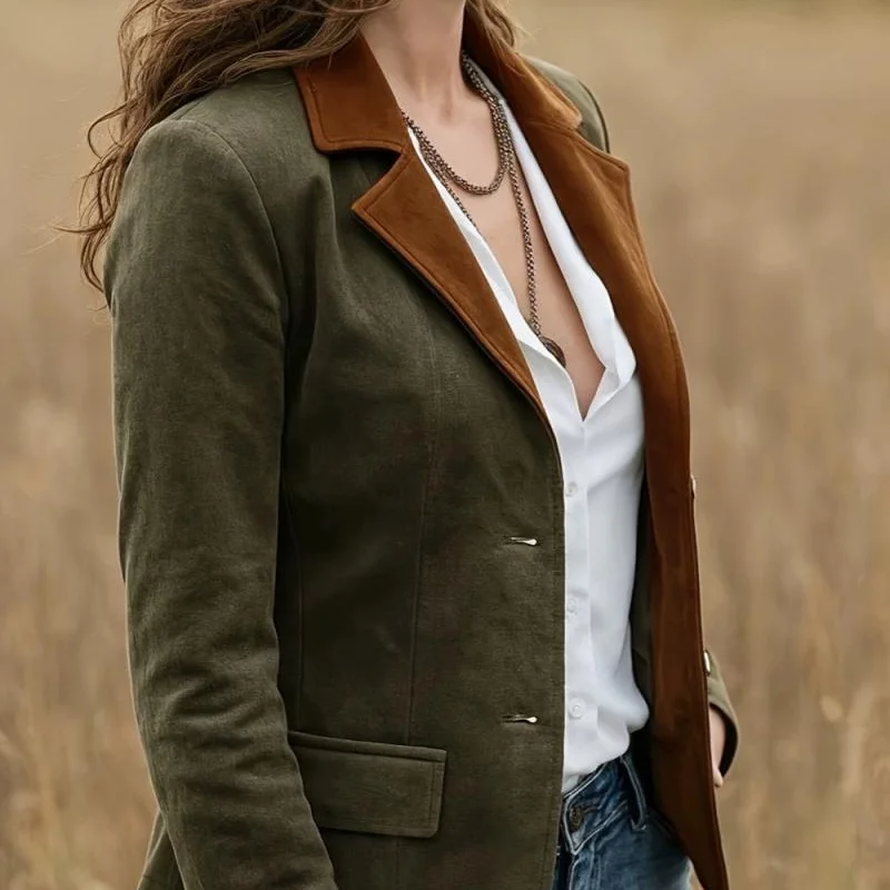 Cross-border European and American Women's Retro Solid Color Jacket Women's Contrast Laps Button Slim Jacket Top