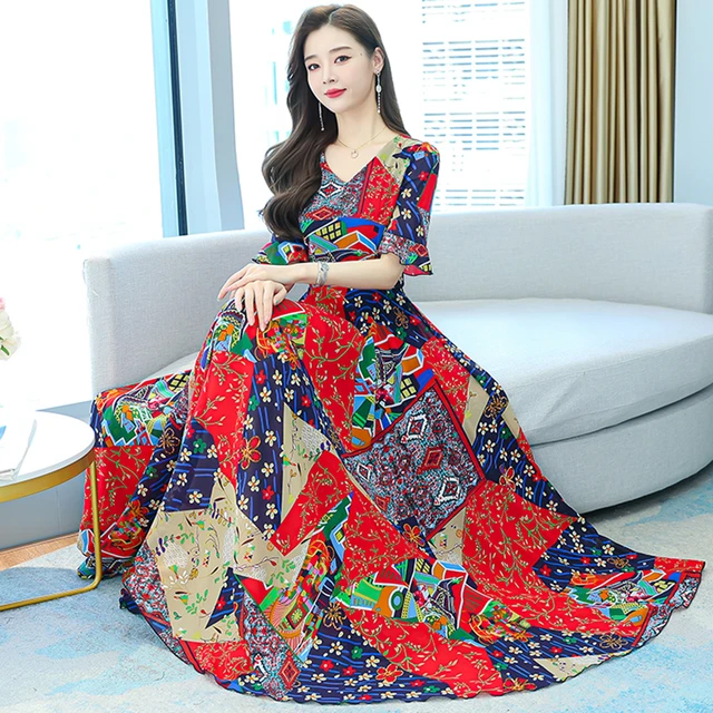 Summer Print Chiffon Short Sleeve Dress Women Casual Vacation Boho Beach Long Sundress 2022 Vintage Bodycon Party Maxi Vestidos Dresses AliExpress