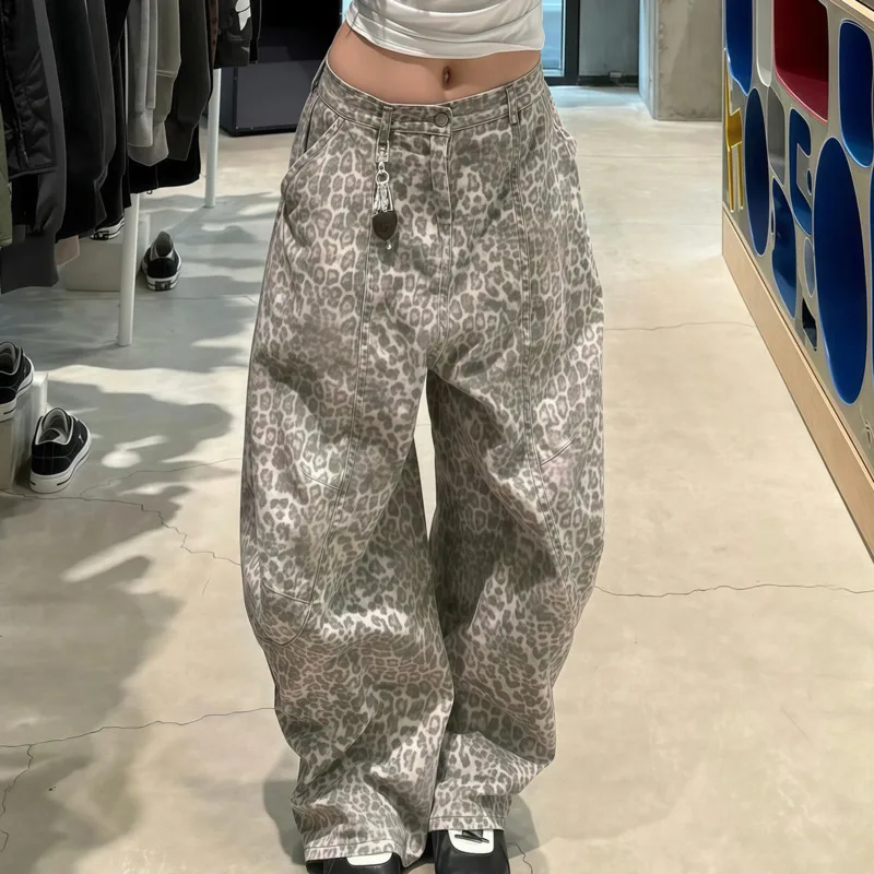 

Джинсы Scimitar с леопардовым принтом для женщин, серые винтажные модные свободные брюки для девочек, свободные широкие индивидуальные брюки длиной до пола