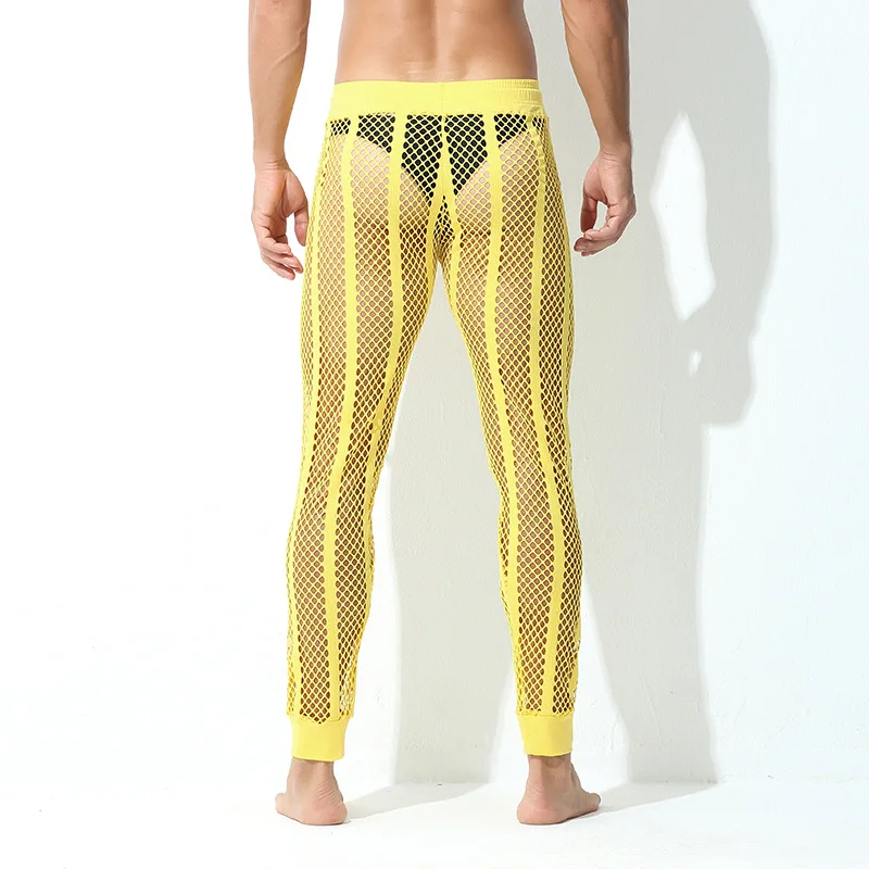 Calças masculinas verão casual respirável rendas calças de pijama largas oco para fora malha listra sexy calças esportivas