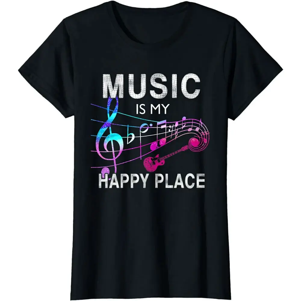 Music Is My Happy Place Inspiring Music Novelty Gift T-Shirt Black For Men Clothing Women Short Sleeve Tees