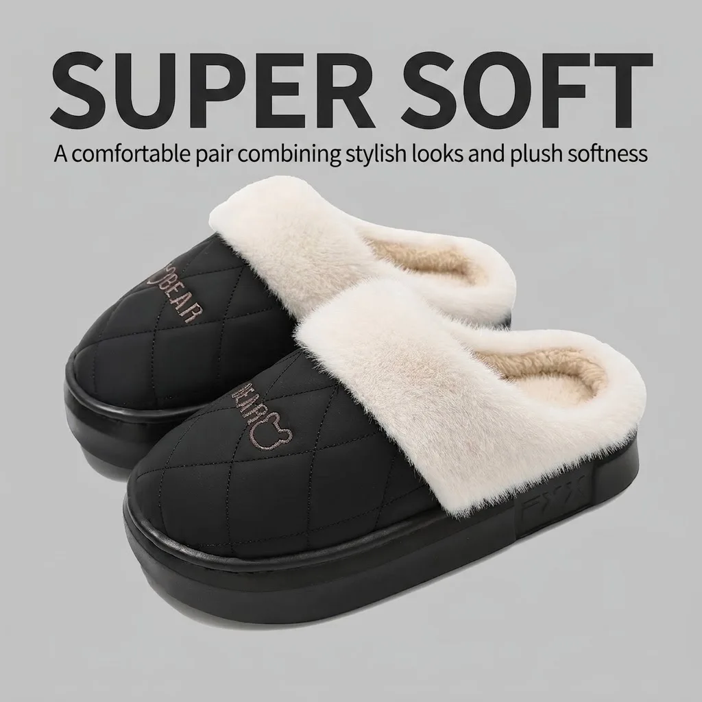 Unisex Winter Warme Plüsch-Hausschuhe für Damen und Herren, niedliche Bären-Stepphausschuhe mit Plateausohle, wasserdicht, rutschfest, für drinnen und draußen, Mules – Detail 9