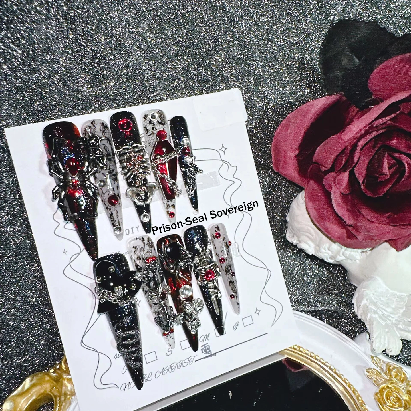 Gothic Dark Red Press On Nails With Metal Spiders Rhinestones 3D Casket Multiple Sizes