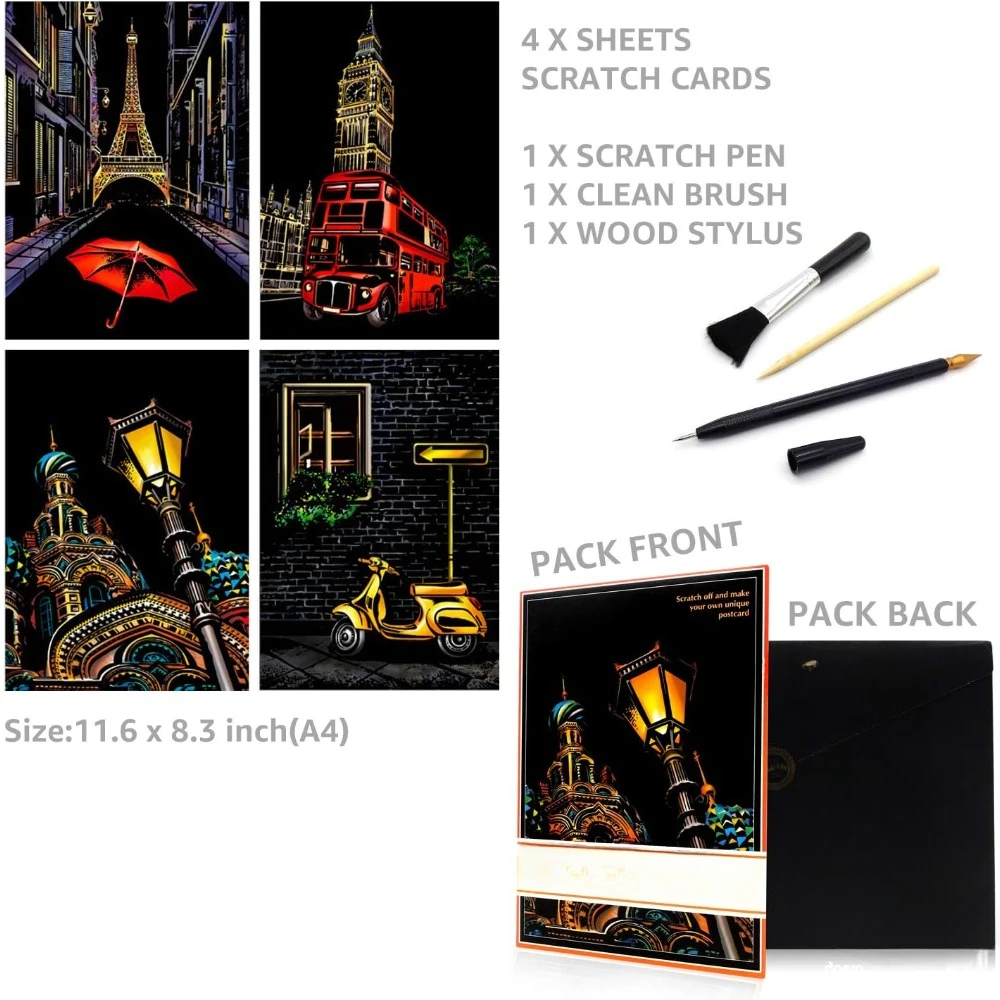 스크래치 및 스케치 아트 용지, 어린이 및 성인용, 무지개 그림 야경 스크래치 보드, 미술 및 공예, 조각 미술 세트