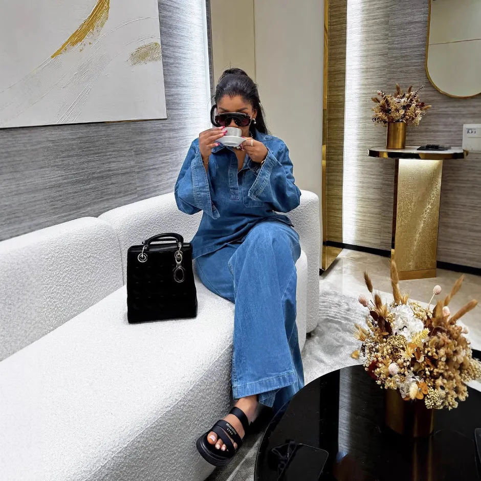 طقم دنيم نسائي أوروبي وأمريكي جديد، بأكمام طويلة، جيب علوي، بنطلون برباط مستقيم الساق، طقم مكون من قطعتين