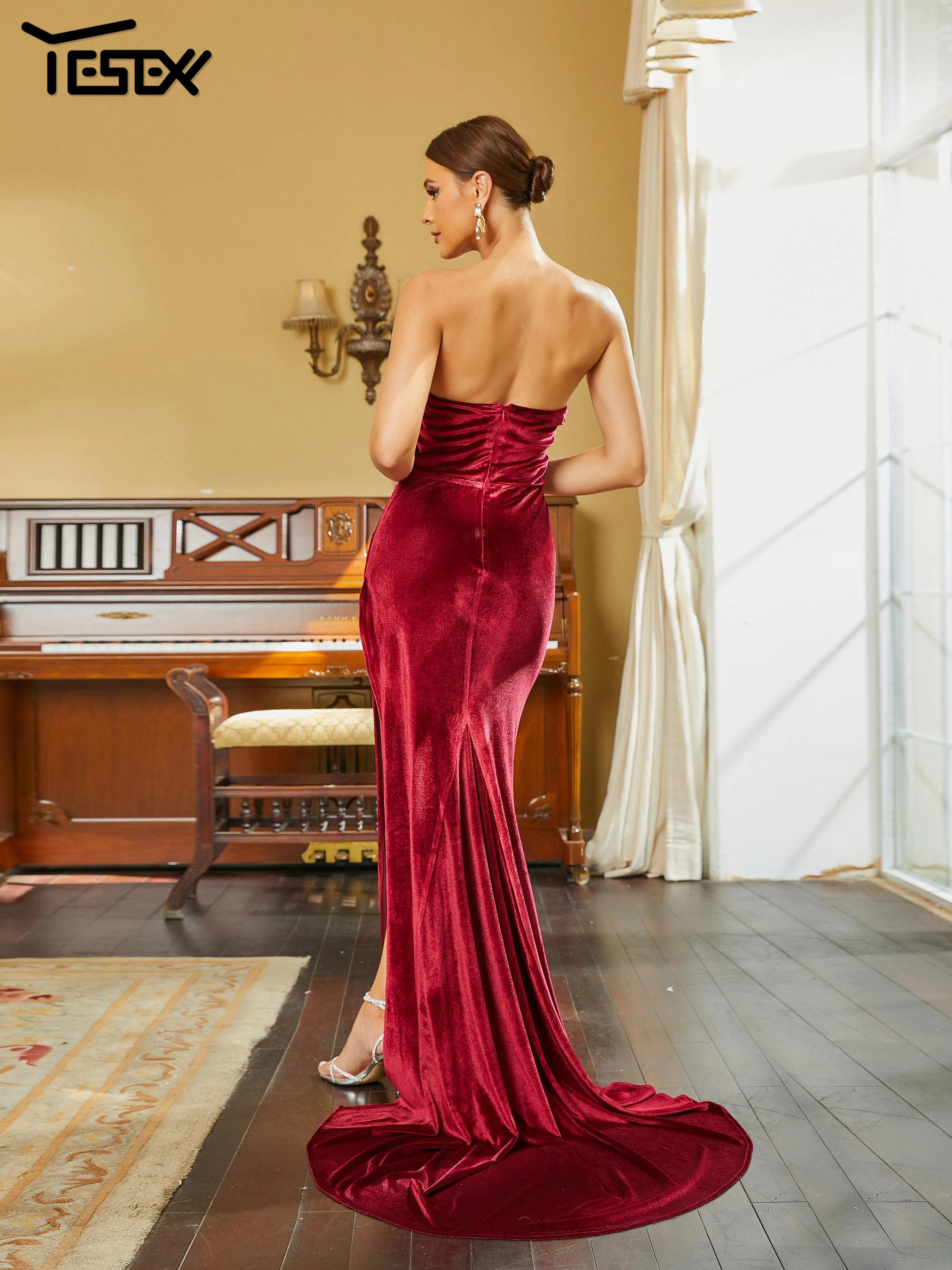 Yesexy Sexy Strapless Backless Zipper Split Dress Party Burgundy Female Long Dress Women Chic Elegant Evening Dresses