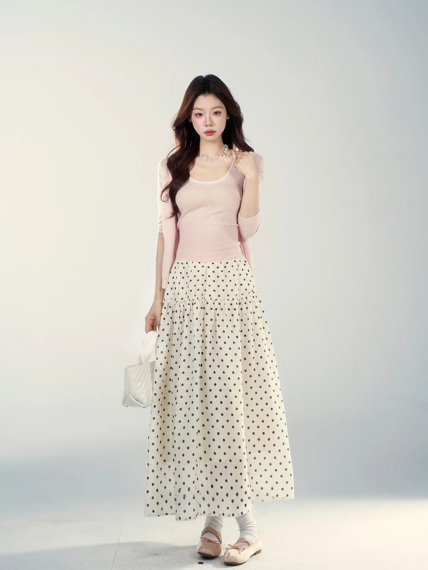 Black Polka Dot A-Line  Skirt Women's Elegant Beautiful Slimming High Waist Commuter Korean Style Spring New Arrival