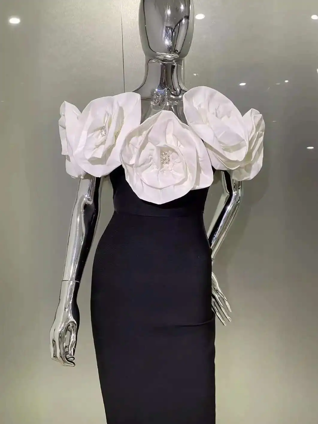 LEOSOXS Elegant Evening Club Party Dress Women Celebrity Sexy Off Shoulder Flower Diamonds Black Maxi Long Bodycon Bandage Dress