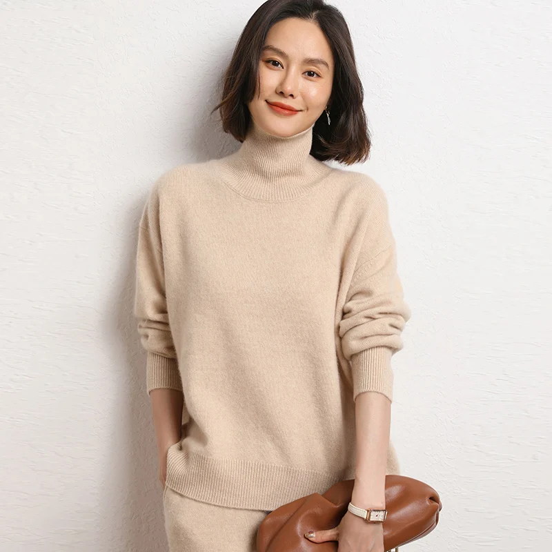 Winter Women Turtleneck Pullover 100% Cashmere Sweaters Knitted Soft Warm Jumper Thickened Loose Solid Color Clothes 6 Colors